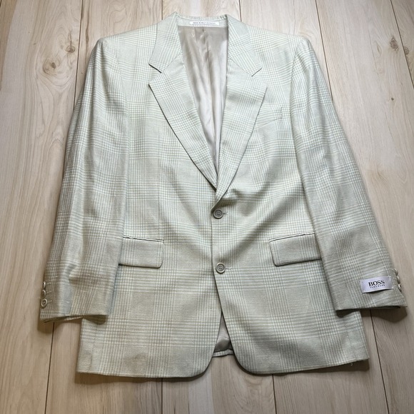 Hugo Boss Sports Coat Blazer Windowpane Wool Blend Beige Mens Size 40L